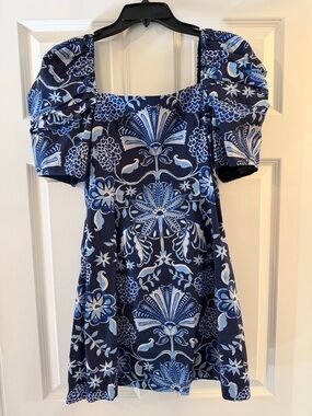 NWT Cara Cara NY Navy Blue Floral Puff Sleeve Mini Dress size Medium
